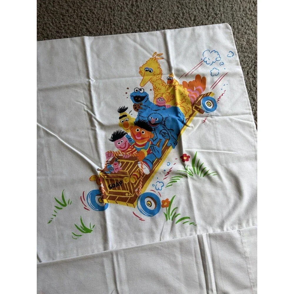 (2) VTG Sesame Street Soap Box Derby Pillow Case Tweedle bugs Ernie Bert Cookie